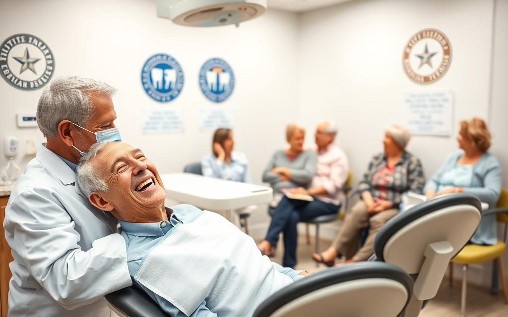 A well-lit, modern dental clinic interior. In the foreground, a smiling senior citizen patient is seated in a comfortable dental chair, their mouth open as a dentist carefully examines their teeth. The dentist, wearing a crisp white coat, is focused on their task. In the middle ground, other senior patients wait patiently, some conversing with each other. The background features government seals and signage indicating this is a state-funded dental implant assistance program for Medicare recipients. The atmosphere is warm, professional, and conveys a sense of accessible, high-quality care for the elderly.