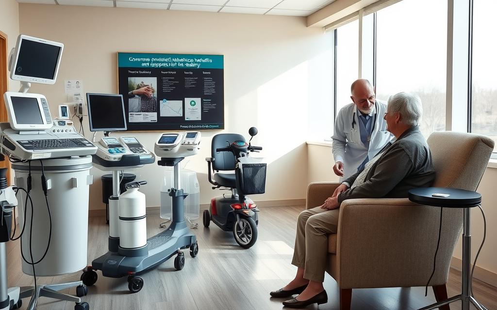 A well-lit, modern healthcare facility with state-of-the-art medical equipment arranged in a clean, organized manner. In the foreground, a senior citizen in a comfortable armchair is receiving assistance from a caring healthcare professional, surrounded by devices like an oxygen concentrator, a mobility scooter, and a digital blood pressure monitor. The middle ground features a wall-mounted display showcasing information about government-provided healthcare benefits and support programs for the elderly. The background depicts a serene, calming atmosphere with large windows allowing natural light to flood the space, creating a sense of warmth and wellbeing.