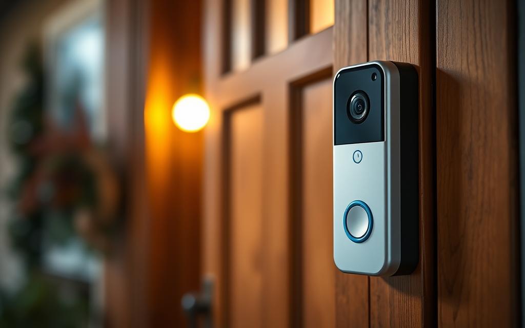 A well-lit, modern video doorbell mounted on a warm, wooden front door of a cozy senior's home. The device features a high-resolution camera, motion sensors, and a clear speaker for two-way communication. The doorbell has a sleek, unobtrusive design that blends seamlessly with the home's exterior. The scene conveys a sense of security and accessibility, with the video doorbell providing peace of mind and an easy way for elderly residents to screen visitors and maintain their independence. The background is softly blurred, focusing attention on the doorbell's intuitive controls and discreet presence.