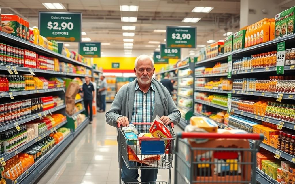 A well-lit, spacious supermarket aisle showcases a diverse array of fresh produce, canned goods, and packaged items. In the foreground, a senior citizen navigates the aisles with a thoughtful expression, their shopping cart filled with discounted items and coupons in hand. The middle ground features informative signage highlighting savings programs, unit pricing, and strategic product placement. The background depicts a serene, organized store layout with clean floors and cheerful staff assisting customers. The overall scene conveys a sense of empowerment, efficiency, and financial savvy as the senior shopper implements smart grocery strategies to maximize their benefits.