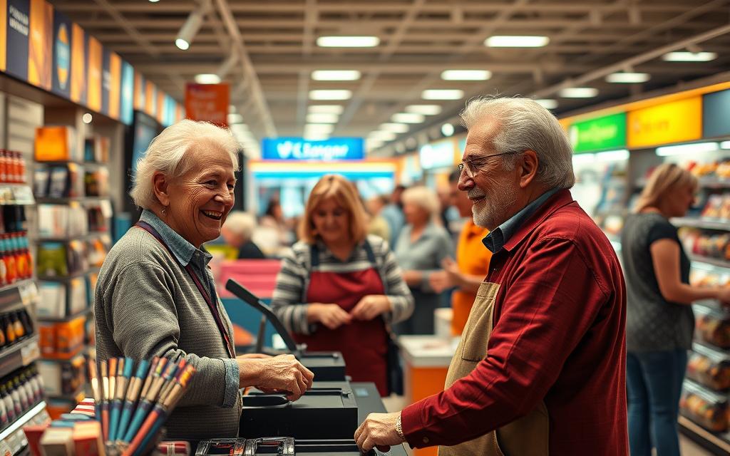 A well-lit, warm-toned scene depicting a senior citizen working as a retail associate in a bustling store. In the foreground, the senior is standing behind a checkout counter, engaging with a customer with a friendly smile. The middle ground showcases the store's vibrant displays and merchandise, creating a lively atmosphere. In the background, other senior employees are assisting customers, demonstrating the collaborative nature of the workplace. The lighting is soft and inviting, accentuating the seniors' experienced expressions and the store's welcoming ambiance. The camera angle is slightly elevated, capturing the scene from a natural, eye-level perspective.