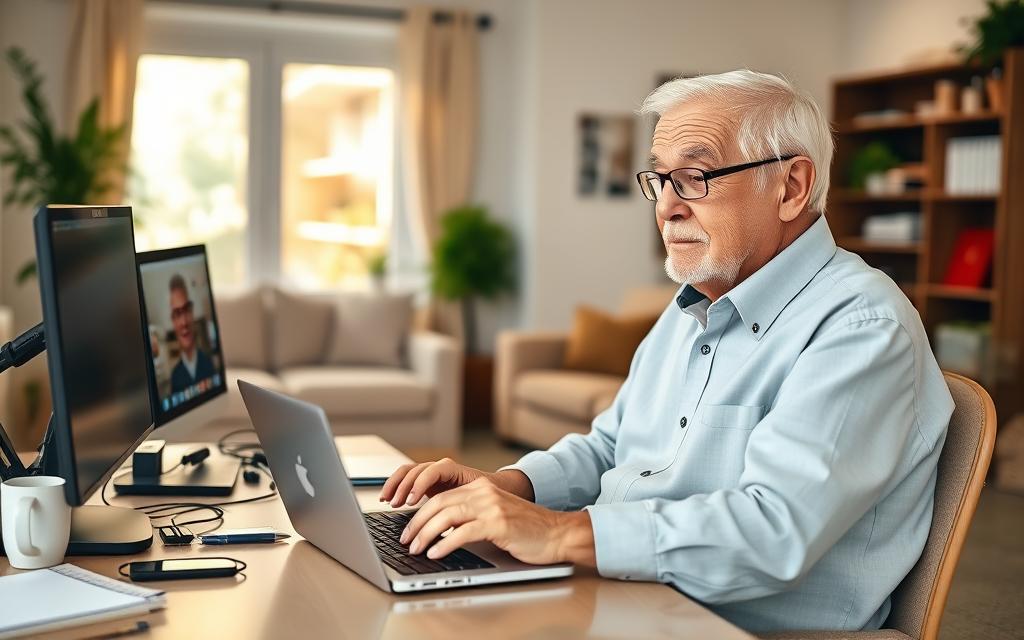 An elderly person sitting at a desk, engaged in a video conference call on a laptop, surrounded by various tech devices and office supplies. The home office is well-lit, with warm natural lighting streaming through a window. The background features a cozy, inviting living room setting, suggesting a comfortable and productive remote work environment for seniors. The individual exudes a sense of confidence and focus, demonstrating the tech-savvy capabilities of this demographic. A serene, peaceful atmosphere pervades the scene, reflecting the ease and flexibility of remote work opportunities for active, tech-literate older adults.