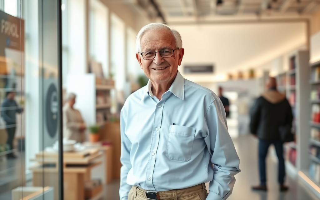 An elderly person with a warm, welcoming smile standing at the entrance of a modern, well-lit retail store. They wear a crisp, neatly pressed collared shirt and slacks, their posture upright and confident. Their eyes convey a sense of wisdom and experience, inviting customers to approach. The store interior is visible in the background, with clean, organized shelves and displays. Soft, natural lighting filters in through large windows, creating a calming, pleasant atmosphere. The scene conveys a sense of professionalism, hospitality, and the valued contribution of senior citizens in customer-facing roles.