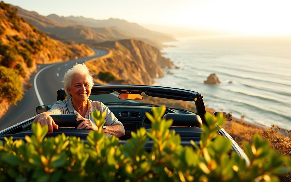 Elderly travelers leisurely driving along a winding coastal highway in California, taking in the breathtaking views of the Pacific Ocean and rugged cliffs. The warmth of the golden hour sunlight illuminates their faces as they smile contentedly, enjoying the scenic drive in their well-maintained convertible car. In the foreground, lush green foliage frames the road, while in the distance, the horizon is dotted with majestic mountains. The atmosphere is serene and tranquil, perfectly capturing the essence of a relaxing vacation for senior citizens within the United States. Elderly travelers leisurely driving along a winding coastal highway in California, taking in the breathtaking views of the Pacific Ocean and rugged cliffs. The warmth of the golden hour sunlight illuminates their faces as they smile contentedly, enjoying the scenic drive in their well-maintained convertible car. In the foreground, lush green foliage frames the road, while in the distance, the horizon is dotted with majestic mountains. The atmosphere is serene and tranquil, perfectly capturing the essence of a relaxing vacation for senior citizens within the United States.