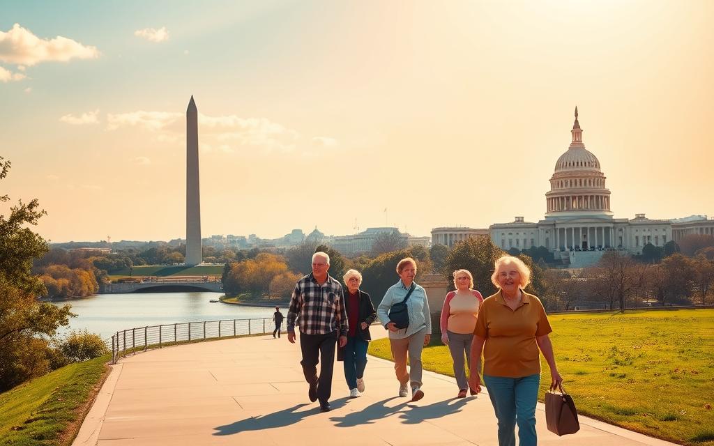 Majestic and accessible Washington monuments against a vibrant, sun-dappled backdrop. In the foreground, a group of senior citizens strolling along a wide, paved path, their faces alight with wonder as they admire the grand, historic structures. The middle ground features the iconic silhouettes of the Washington Monument, Lincoln Memorial, and Capitol Building, bathed in warm, golden light. In the distance, the serene Potomac River winds its way through the city. The atmosphere is one of tranquility and accessibility, inviting elderly visitors to explore the nation's capital at an easy pace.