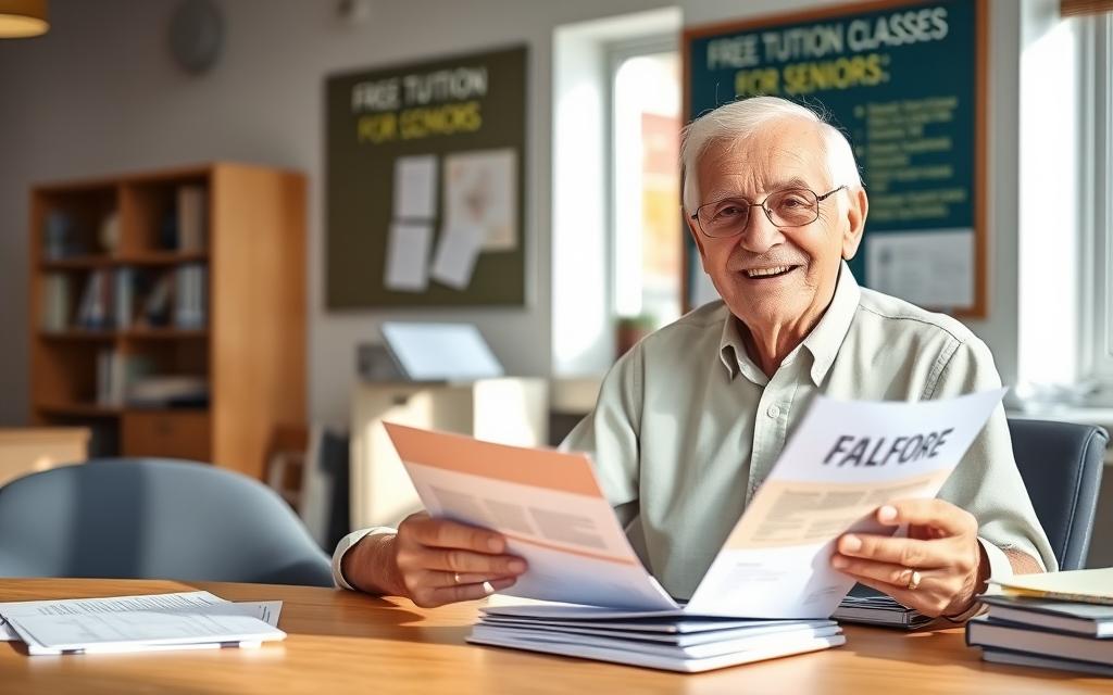 Senior completing enrollment paperwork at college admissions desk