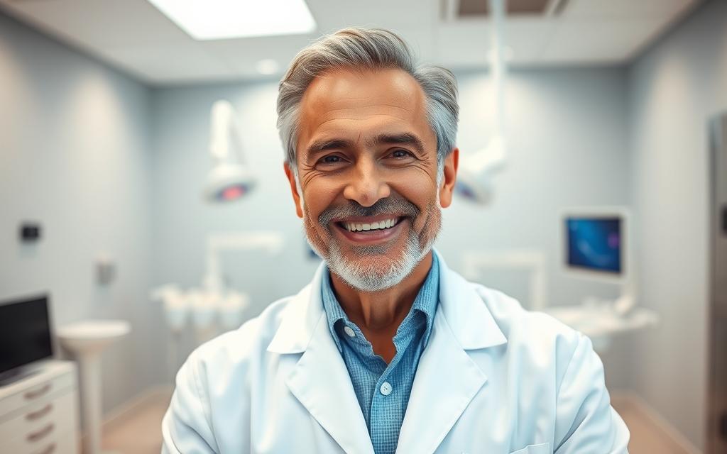 Smiling senior dental implant specialist, mid-50s, standing in a modern dental clinic. Wearing a crisp white lab coat, with a warm, reassuring expression. Positioned in the foreground, with a clean, well-lit interior visible behind, featuring state-of-the-art dental equipment. The lighting is soft and flattering, creating a calming, professional atmosphere. The angle is slightly elevated, giving a sense of authority and expertise. The focus is sharp on the specialist's face, conveying their deep knowledge and commitment to patient care.
