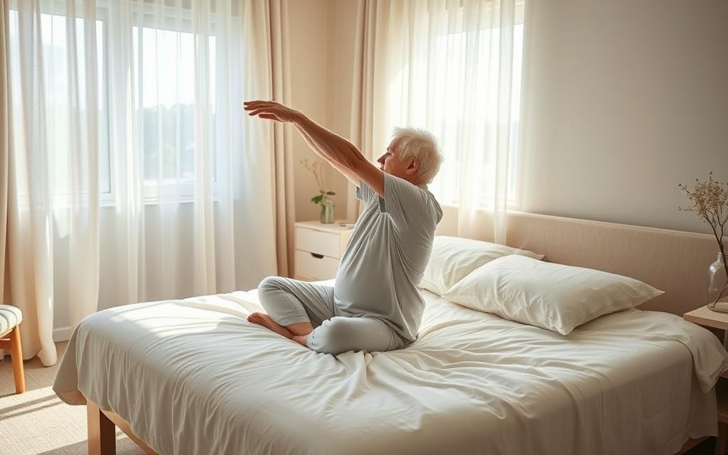 A cozy bedroom scene, sunlight filtering through sheer curtains. An elderly person lying comfortably on a plush, neatly made bed, performing gentle stretching and strengthening exercises. Their movements are fluid and deliberate, as they engage core muscles and improve mobility. The room is serene, with soft, natural tones and minimal clutter, creating a soothing, therapeutic atmosphere. The camera angle is slightly elevated, capturing the scene from an unobtrusive perspective, allowing the viewer to observe the routine without distraction. The overall impression is one of tranquility, health, and the empowerment of the elderly individual taking charge of their well-being.