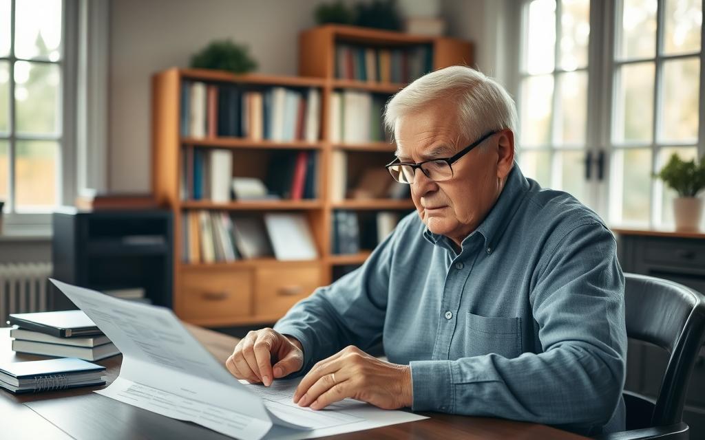 A cozy home office with an elderly senior citizen reviewing insurance documents and considering specialized hearing aid coverage options. Soft natural lighting filters through large windows, casting a warm glow on the wooden desk and shelves filled with reference materials. The senior is intently focused, brow furrowed in concentration, as they carefully evaluate the details of their hearing insurance plan. The atmosphere is one of thoughtful deliberation, with a sense of the importance of finding the right coverage to address their unique needs.