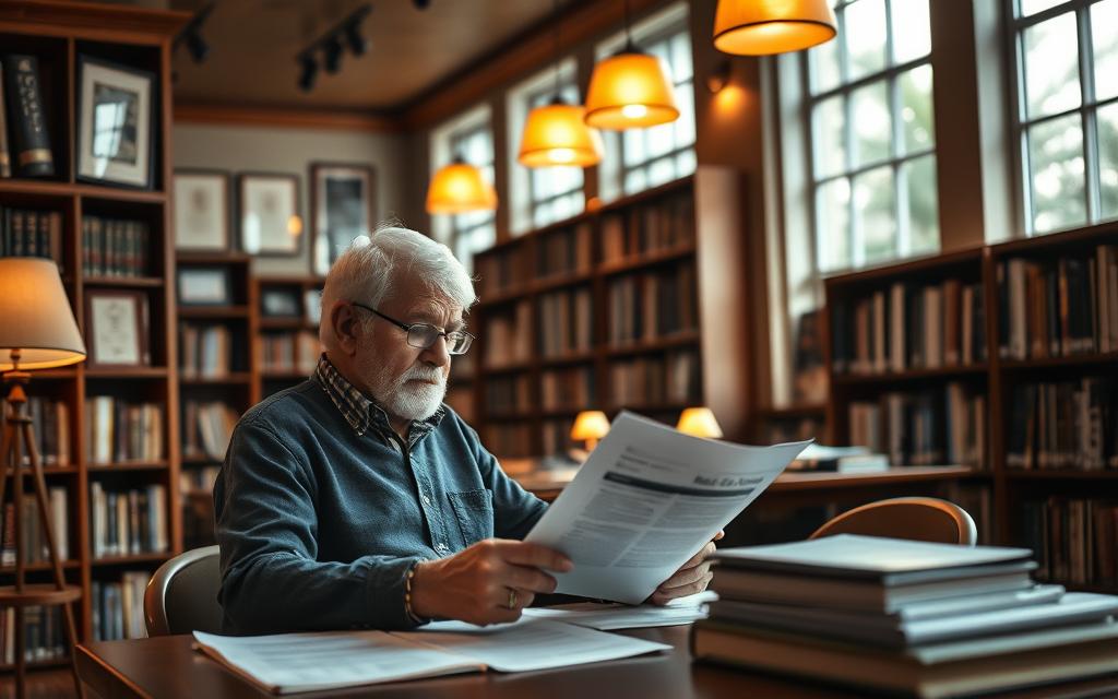 A cozy library interior, softly lit by warm lamps. In the foreground, an elderly student sits at a desk, meticulously reviewing financial documents. On the walls, framed certificates and diplomas hint at their academic history. The middle ground reveals a row of shelves, their spines hinting at a wealth of knowledge on topics like tax benefits and financial aid. In the background, large windows allow natural light to filter in, creating a serene and contemplative atmosphere. The overall mood is one of quiet focus and intellectual fulfillment, reflecting the lifelong pursuit of knowledge and the financial support that enables elderly students to continue their education.
