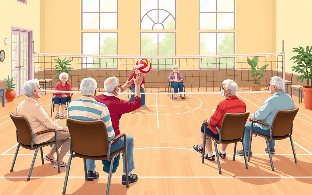 A detailed illustration of the official rules and gameplay for a lively game of chair volleyball among senior citizens. The foreground depicts a group of seniors enthusiastically engaging in a volleyball match, with focus on the game mechanics - players seated in chairs, passing and spiking the ball across a low net. The middle ground showcases the court setup, with clear delineation of boundaries and scoring zones. The background features a cheerful senior community center setting, with large windows letting in warm, natural light. The overall mood is one of active, social engagement and enjoyment among the elderly participants. A detailed illustration of the official rules and gameplay for a lively game of chair volleyball among senior citizens. The foreground depicts a group of seniors enthusiastically engaging in a volleyball match, with focus on the game mechanics - players seated in chairs, passing and spiking the ball across a low net. The middle ground showcases the court setup, with clear delineation of boundaries and scoring zones. The background features a cheerful senior community center setting, with large windows letting in warm, natural light. The overall mood is one of active, social engagement and enjoyment among the elderly participants.