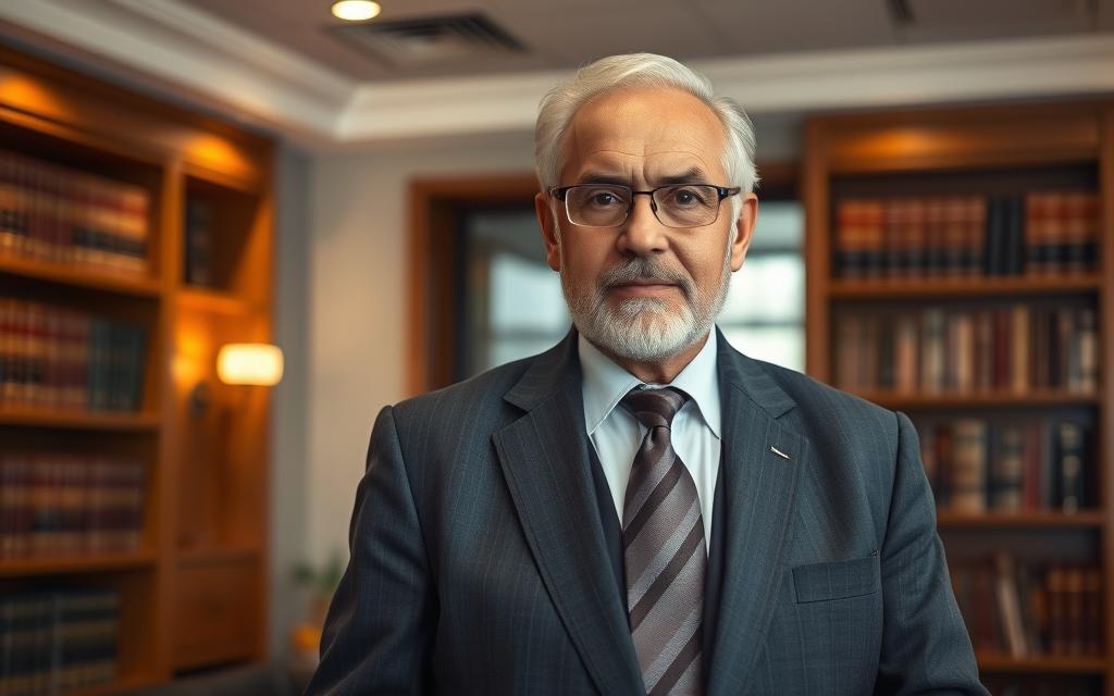 A distinguished elderly rights lawyer, dressed in a sharp charcoal suit, stands confidently in a well-lit law office. Warm lighting casts a soft glow, highlighting the lawyer's weathered yet determined expression. In the background, bookshelves line the walls, conveying a sense of expertise and authority. The lawyer's posture is upright, exuding a commanding presence, ready to advocate passionately for the rights of senior citizens affected by malnutrition. The scene projects a mood of professionalism, experience, and a steadfast commitment to securing fair compensation for clients.