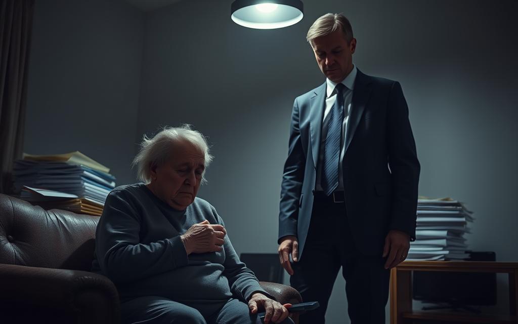 A frail elderly person sits hunched in a dimly lit room, their face etched with fear and despair. The middle-aged caregiver, dressed in a crisp suit, looms over them menacingly, casting a long shadow. In the background, a stack of legal documents and a cell phone suggest a sinister undercurrent. The scene is lit by a single harsh overhead light, creating stark contrasts and heavy shadows, conveying a sense of vulnerability and abuse. The overall atmosphere is tense, unsettling, and emotionally charged.