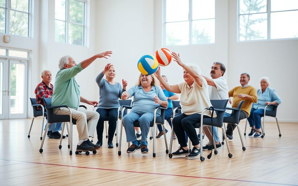 A group of elderly adults engaged in a lively game of chair volleyball, set against the backdrop of a bright and airy indoor gymnasium. The foreground features several seniors enthusiastically passing a colorful volleyball back and forth, their faces filled with concentration and joy. The middle ground showcases a row of sturdy, supportive chairs arranged in a semi-circle, providing a stable platform for the players. The background depicts a spacious, well-lit room with large windows, allowing natural light to flood the space and create a warm, inviting atmosphere. The scene is captured with a wide-angle lens, ensuring a comprehensive view of the activity and the participants' engaged postures. A group of elderly adults engaged in a lively game of chair volleyball, set against the backdrop of a bright and airy indoor gymnasium. The foreground features several seniors enthusiastically passing a colorful volleyball back and forth, their faces filled with concentration and joy. The middle ground showcases a row of sturdy, supportive chairs arranged in a semi-circle, providing a stable platform for the players. The background depicts a spacious, well-lit room with large windows, allowing natural light to flood the space and create a warm, inviting atmosphere. The scene is captured with a wide-angle lens, ensuring a comprehensive view of the activity and the participants' engaged postures.