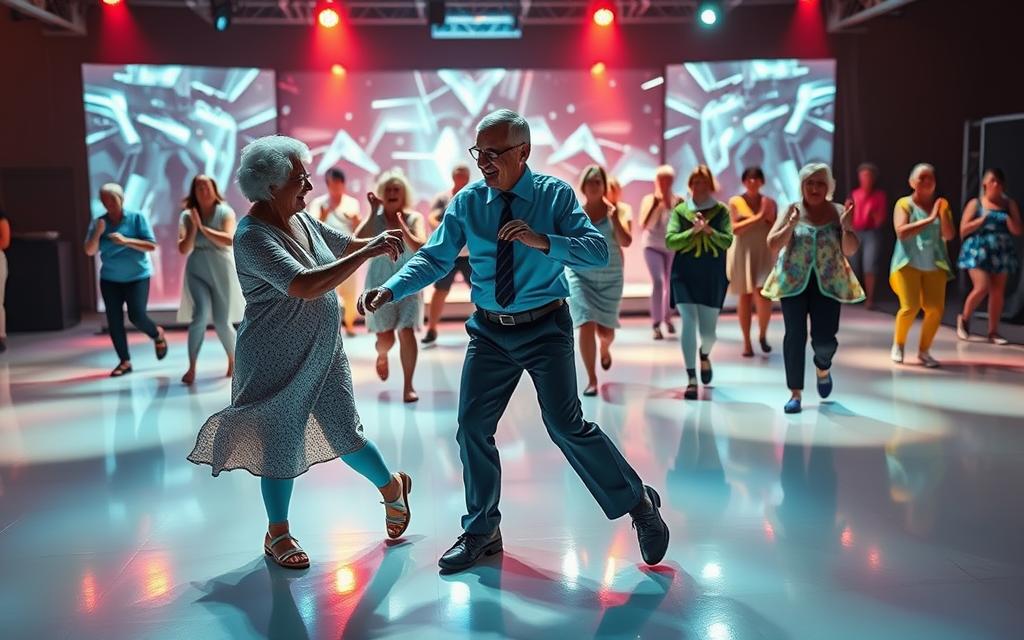 A group of senior citizens gracefully move in sync on a well-lit dance floor, their bodies swaying to the rhythm of upbeat electronic music. In the foreground, a pair of elderly partners elegantly twirl and step, their faces filled with joy and concentration. In the middle ground, a larger group of seniors enthusiastically tap their feet and clap their hands, their movements enhanced by wearable fitness trackers and LED-infused dance attire. The background features a futuristic stage with holographic projections, creating an immersive technological environment that seamlessly integrates with the seniors' dynamic performance.