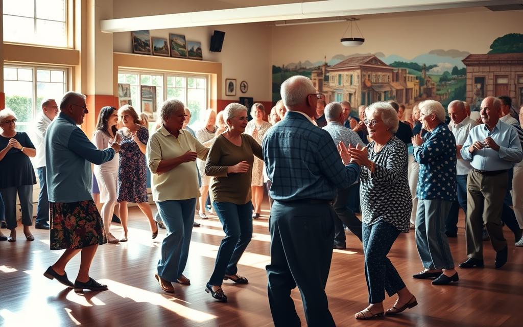 A lively community dance hall, sunlight filtering through large windows casting a warm glow. In the foreground, a group of seniors elegantly twirling and stepping in sync to an upbeat jazz rhythm, their faces alight with joy and camaraderie. In the middle ground, couples sway and dip, lost in the music, while others watch and clap along from the sidelines. The background reveals a vibrant mural depicting scenes of everyday life, adding a sense of timelessness and belonging. The atmosphere is one of joyful energy, social connection, and the celebration of life's rhythms.