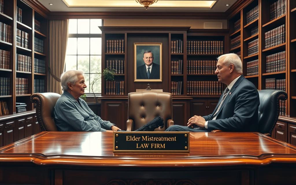 A modern, well-appointed law office with floor-to-ceiling windows bathed in warm, natural light. A carved wooden desk takes center stage, adorned with a brass nameplate that reads "Elder Mistreatment Law Firm." Bookshelves line the walls, filled with leather-bound volumes. In the foreground, a senior citizen sits across from a calm, empathetic lawyer, discussing their case. The atmosphere exudes professionalism, trust, and a commitment to seeking justice for the vulnerable. The mood is one of reassurance and determination to protect the rights of the elderly.