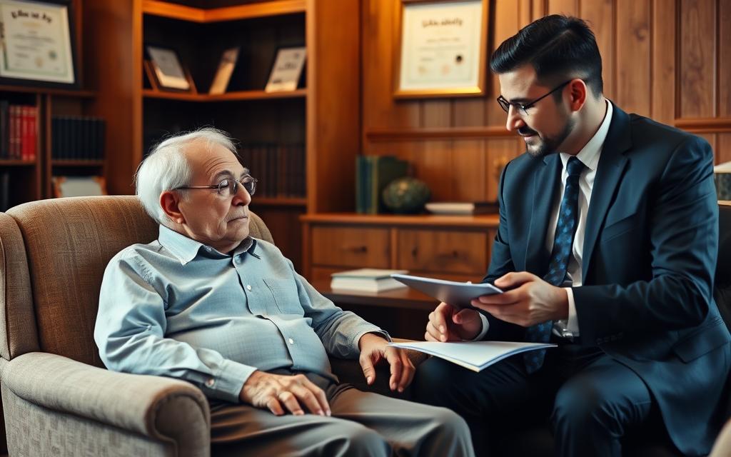A senior citizen sitting in a comfortable chair, intently discussing legal matters with a professional elder abuse attorney. The attorney, dressed in a sharp suit, listens attentively, taking notes. Warm, soft lighting illuminates the scene, creating a sense of trust and care. The background is a cozy, wood-paneled office, with bookshelves and diplomas hinting at the attorney's expertise. The composition focuses on the two figures, conveying the importance of finding the right legal representation to protect the elderly from abuse.
