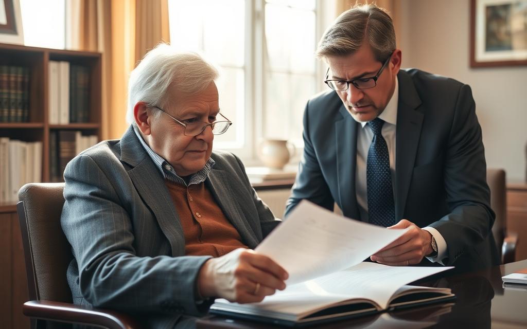 A senior citizen sitting solemnly in a law office, gazing upon an open legal document with a somber expression. Sunlight streams through the window, casting a warm glow over the scene. The elder abuse lawyer, dressed professionally, leans forward with a concerned yet determined look, ready to guide the client through the legal journey ahead. The room exudes a sense of trust and support, as the pair collaborate to seek justice and resolution for the case of elder abuse.