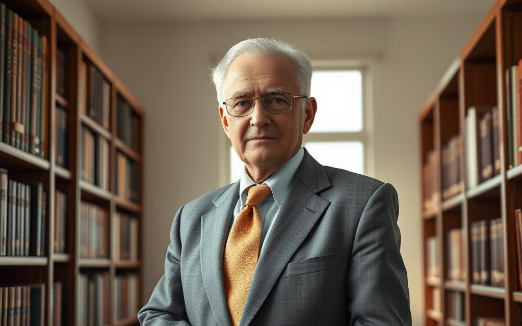 A senior citizen with a determined expression, wearing a professional suit, standing confidently in a sunlit office. Bookshelves line the walls, conveying a sense of legal expertise. The lawyer's posture and gaze communicate a strong commitment to advocating for the nutritional rights of the elderly. Soft, diffused lighting illuminates the scene, creating a warm, authoritative atmosphere. The composition emphasizes the advocate's role in creating safer, more nourishing environments for seniors, reflecting the article's focus on going beyond individual cases.