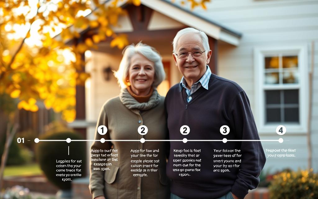 A senior couple, dressed casually, standing in front of their cozy suburban home. The autumn leaves swirl gently in the background, creating a serene and welcoming atmosphere. In the foreground, a timeline graphic unfolds, detailing the various steps and deadlines for applying for the senior citizen property tax exemption. The layout is clear and easy to follow, with icons and text guiding the viewer through the process. The lighting is soft and warm, casting a golden glow over the scene, conveying a sense of security and reliability. The overall mood is one of approachability and simplicity, making the complex application process feel manageable and accessible.
