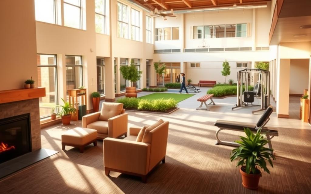 A serene and modern community center for low-income seniors, bathed in warm natural light. The foreground showcases a cozy lounge area with plush armchairs and a fireplace, inviting residents to relax and socialize. In the middle ground, a well-equipped fitness center offers exercise equipment and a yoga studio. The background reveals a lush courtyard with benches, walking paths, and a communal vegetable garden, fostering a sense of connection with nature. The entire scene conveys a welcoming and supportive environment, catering to the diverse needs and well-being of the senior residents.
