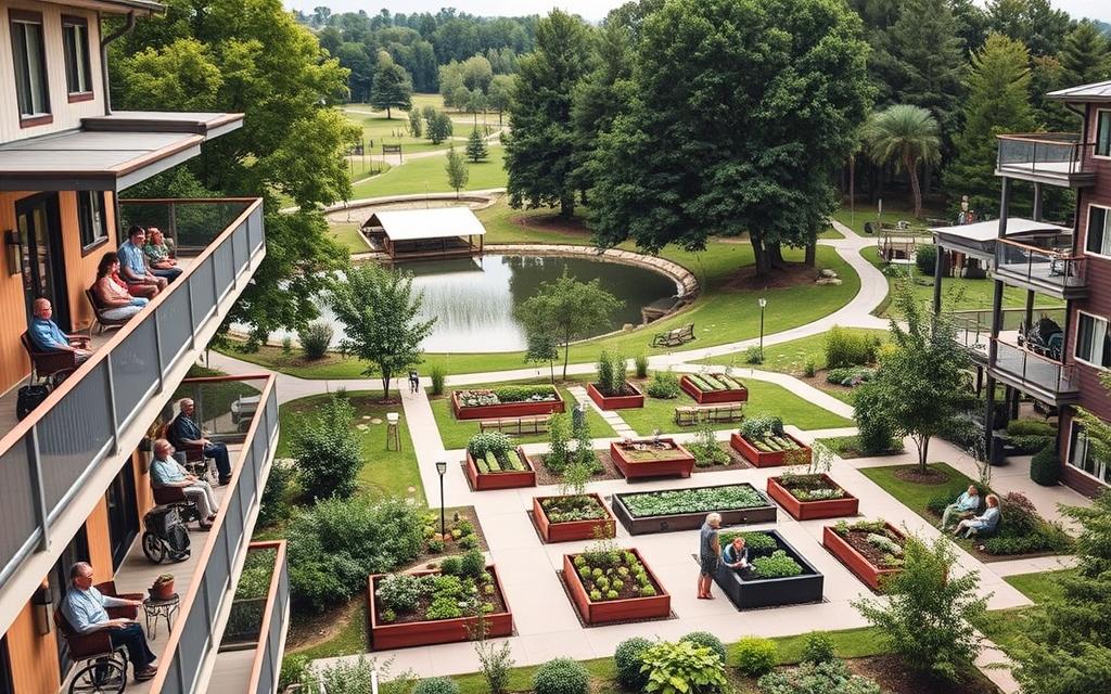 A serene community of modern, accessible senior housing options nestled in a lush, verdant landscape. In the foreground, a well-designed, energy-efficient apartment building with clean lines and warm, inviting colors. Residents sit on the balconies, enjoying the gentle breeze and the view of a nearby park. In the middle ground, a communal garden area with raised planting beds and cozy seating areas, encouraging social interaction and active lifestyles. The background features a tranquil pond, surrounded by mature trees and walking paths, providing a peaceful, nature-inspired setting. Soft, diffused lighting creates a calming ambiance, and the composition emphasizes accessibility, community, and a high quality of life for the senior residents.