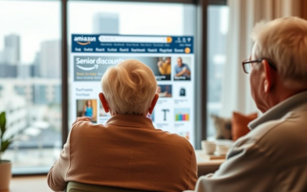 A serene digital marketplace with a warm, inviting atmosphere. In the foreground, a senior citizen peruses the Amazon Prime homepage, navigating the intuitive interface with ease. Subtle icons and badges indicate the available senior discounts, guiding them effortlessly to exclusive savings. The middle ground features an array of enticing product images, carefully curated to cater to the needs and interests of the mature demographic. In the background, a softly blurred cityscape sets the scene, hinting at the convenience and accessibility of online shopping from the comfort of home. Diffused lighting and muted tones create a sense of tranquility, reflecting the relaxed and stress-free experience of accessing digital discounts. A serene digital marketplace with a warm, inviting atmosphere. In the foreground, a senior citizen peruses the Amazon Prime homepage, navigating the intuitive interface with ease. Subtle icons and badges indicate the available senior discounts, guiding them effortlessly to exclusive savings. The middle ground features an array of enticing product images, carefully curated to cater to the needs and interests of the mature demographic. In the background, a softly blurred cityscape sets the scene, hinting at the convenience and accessibility of online shopping from the comfort of home. Diffused lighting and muted tones create a sense of tranquility, reflecting the relaxed and stress-free experience of accessing digital discounts.
