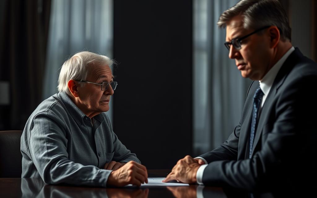A serene, dimly lit office setting. In the foreground, an elderly retired person, their face etched with concern, sits across a desk from a stern-faced attorney in a sharp suit. The attorney's gaze is intense, conveying the gravity of the legal proceedings surrounding guardianship. The middle ground is hazy, suggesting the weight of the decision at hand. The background is softly blurred, drawing the viewer's focus to the central figures and the tension between guardianship and the power of attorney. Chiaroscuro lighting casts dramatic shadows, heightening the mood of the scene. The overall atmosphere is one of solemnity and the need for careful consideration of the older adult's best interests. A serene, dimly lit office setting. In the foreground, an elderly retired person, their face etched with concern, sits across a desk from a stern-faced attorney in a sharp suit. The attorney's gaze is intense, conveying the gravity of the legal proceedings surrounding guardianship. The middle ground is hazy, suggesting the weight of the decision at hand. The background is softly blurred, drawing the viewer's focus to the central figures and the tension between guardianship and the power of attorney. Chiaroscuro lighting casts dramatic shadows, heightening the mood of the scene. The overall atmosphere is one of solemnity and the need for careful consideration of the older adult's best interests.