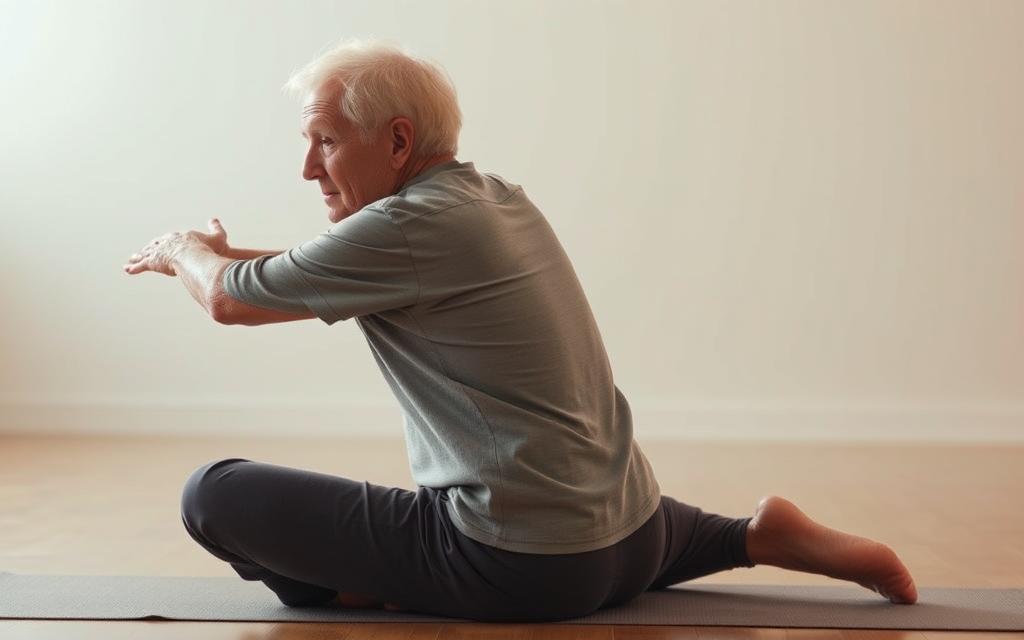 A serene, dimly lit studio setting showcases an elderly person gently performing a series of sciatica-relieving stretches. Soft, warm lighting illuminates their focused expression as they gracefully extend one leg, applying gentle pressure to the lower back. The background is softly blurred, emphasizing the subject's mindful movements. The scene radiates a sense of calm and restoration, evoking the therapeutic nature of these complementary pain management techniques.