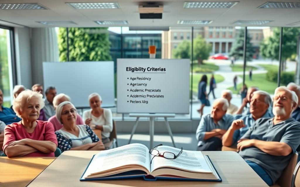 A sunlit classroom filled with attentive senior citizens, their faces aglow with intellectual curiosity. In the foreground, a sleek, modern desk displays an open textbook and a pair of reading glasses, hinting at the educational pursuits of this vibrant group. The middle ground features a whiteboard displaying key eligibility criteria, such as age, residency, and academic prerequisites, all rendered in a clean, legible font. The background showcases a panoramic view of a bustling college campus, with towering ivy-covered buildings and students briskly navigating the grounds, creating a sense of community and lifelong learning. Soft, diffused lighting imbues the scene with a warm, inviting atmosphere, capturing the spirit of seniors embracing the opportunity to further their education.