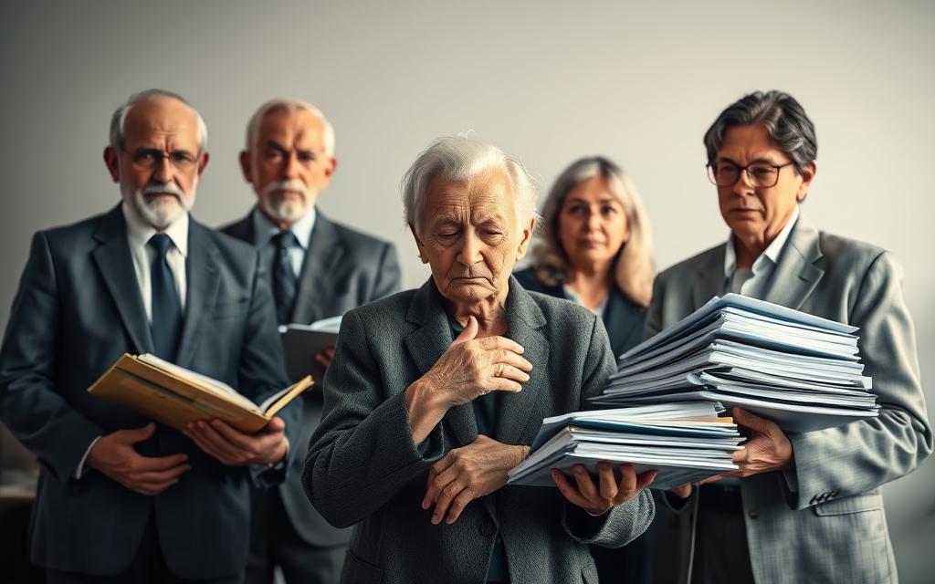 A team of seasoned elderly abuse lawyers stand resolute, their faces etched with determination, as they review stacks of case files and evidence. Soft, diffused lighting illuminates the scene, casting a somber, contemplative mood. In the foreground, a senior client shares their harrowing story, their weathered hands clasped in a gesture of trust. The lawyers lean in, their expressions empathetic, as they meticulously build a rock-solid legal strategy to ensure justice is served. The background is a muted, professional office setting, hinting at the legal expertise and resources they wield. This image captures the essence of experienced elderly abuse lawyers dedicated to delivering the best possible outcome for their vulnerable clients.