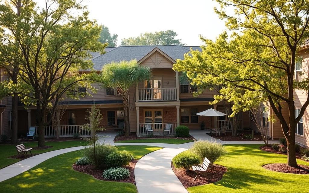 A tranquil, well-designed senior living community nestled in a serene, tree-lined neighborhood. The two-story building features a warm, inviting facade with large windows, clean lines, and a gently sloping roof. The landscaping incorporates lush greenery, gentle pathways, and cozy seating areas, creating a comfortable, accessible environment. Soft, natural lighting filters through the windows, conveying a sense of calm and comfort. Inside, the common areas are spacious and well-appointed, with comfortable furnishings and amenities tailored to the needs of the elderly residents. The overall atmosphere radiates a feeling of security, community, and support, reflecting the mission of HUD's Section 202 Supportive Housing for the Elderly Program.