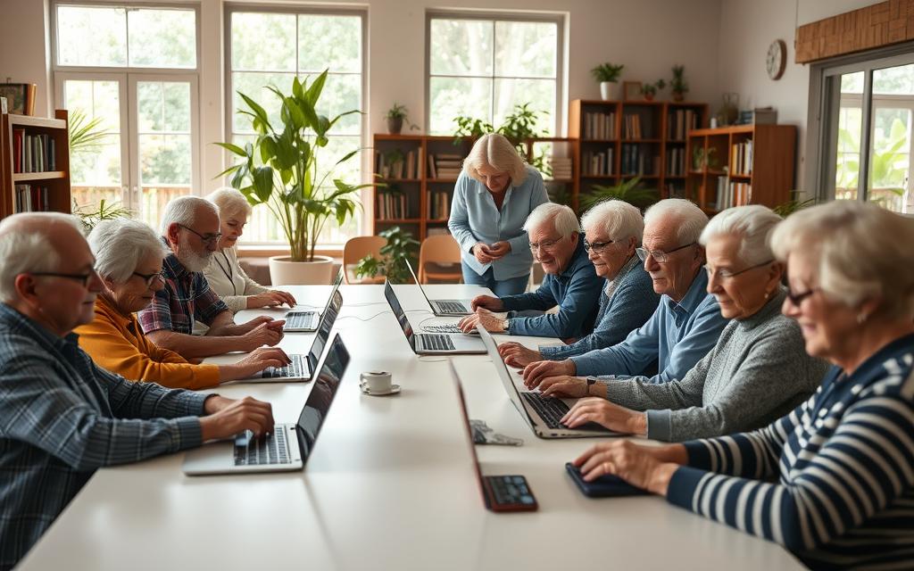 A warm and welcoming senior community center, bathed in soft, natural light. In the foreground, a group of elderly men and women gathered around a long table, their faces lit with smiles as they navigate the internet on a variety of devices - laptops, tablets, and smartphones. A friendly volunteer stands nearby, patiently guiding them through the process. In the background, bookshelves and plants create a cozy, inviting atmosphere, while large windows offer a glimpse of a lush, verdant outdoor space. The overall scene conveys a sense of empowerment, community, and a commitment to bridging the digital divide for senior citizens.