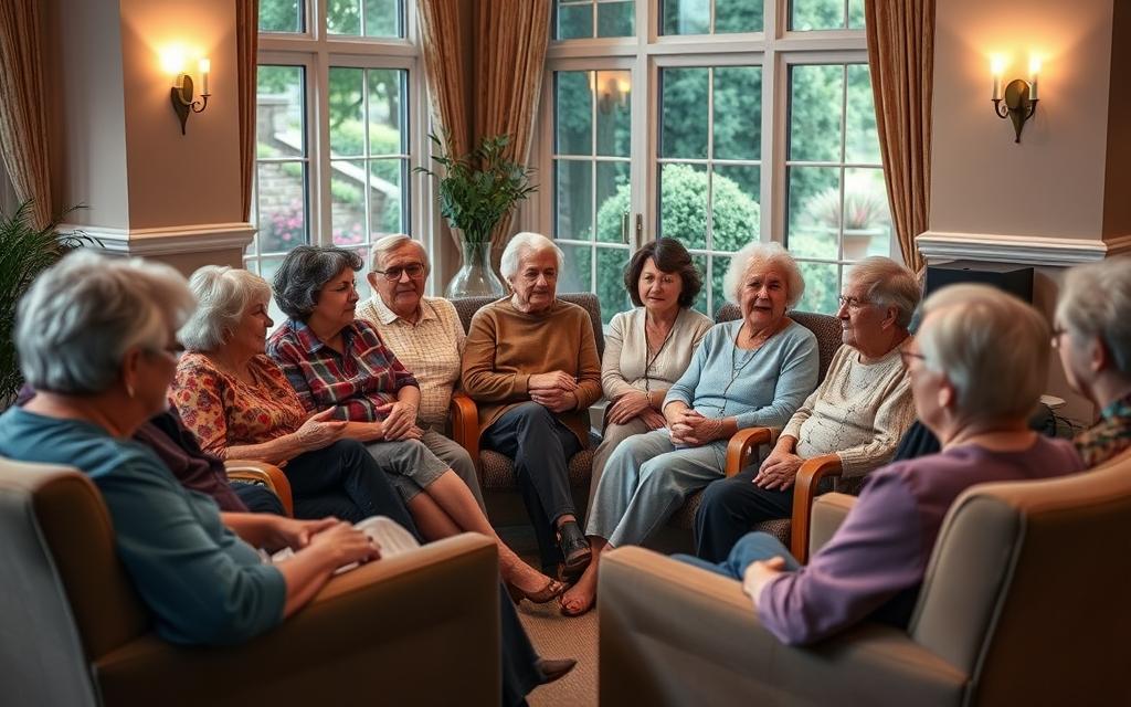 A warm, inviting room filled with a diverse group of seniors engaged in a lively discussion. Plush armchairs arranged in a circle, with soft lighting from wall sconces casting a cozy glow. The faces of the participants express a range of emotions - some pensive, others animated, all connected by a sense of community and shared experiences. In the background, a large window overlooking a peaceful garden, hinting at the tranquility found in nature. This serene setting encourages open and supportive dialogue, fostering a space for seniors to build meaningful connections and address the challenges of mental wellbeing.
