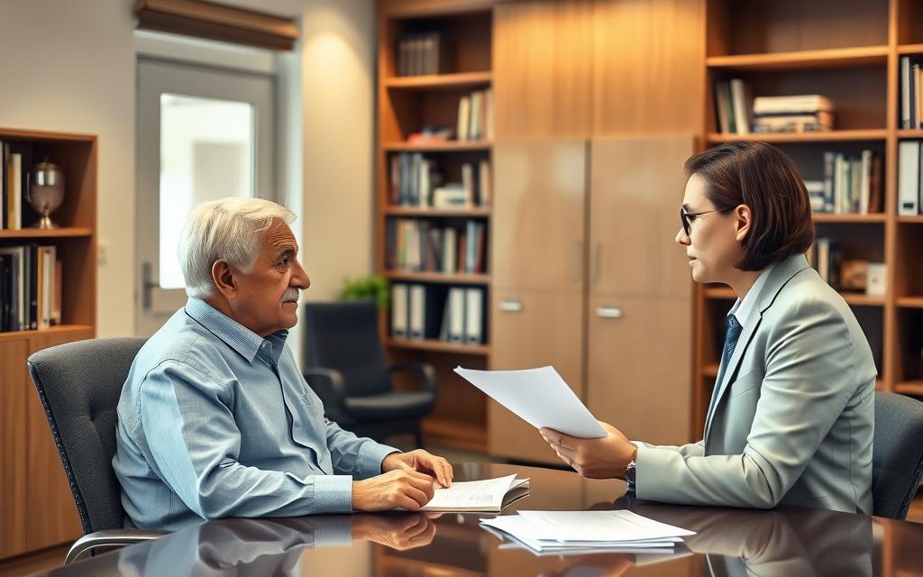 A well-lit office interior with a senior citizen discussing financial matters with a professional financial advisor. The elderly person, dressed in formal attire, sits across a desk from the advisor, who is explaining documents and papers. Bookshelves and filing cabinets line the walls, conveying a sense of expertise and authority. Soft, warm lighting creates a reassuring ambiance, while the subtle use of muted tones and clean lines evokes a tone of stability and security. The scene captures the collaborative nature of the financial planning process, highlighting the importance of protecting the elderly's assets through knowledgeable guidance. A well-lit office interior with a senior citizen discussing financial matters with a professional financial advisor. The elderly person, dressed in formal attire, sits across a desk from the advisor, who is explaining documents and papers. Bookshelves and filing cabinets line the walls, conveying a sense of expertise and authority. Soft, warm lighting creates a reassuring ambiance, while the subtle use of muted tones and clean lines evokes a tone of stability and security. The scene captures the collaborative nature of the financial planning process, highlighting the importance of protecting the elderly's assets through knowledgeable guidance.
