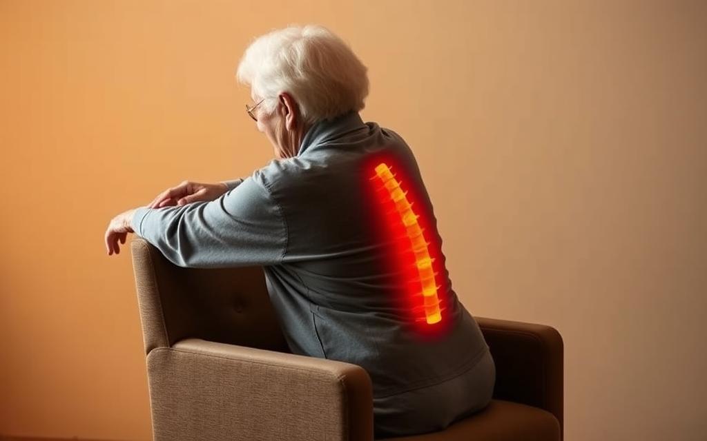 Seated spinal twist for sciatica relief: An elderly person, seated comfortably in a chair, gently twists their torso to the right, keeping their shoulders square and hips stationary. Their left hand rests on the armrest, while their right hand is placed on the back of the chair, guiding the twist. A warm, soft light illuminates the scene, creating a calming, therapeutic atmosphere. The focus is on the person's fluid, deliberate movements, emphasizing the gentle, restorative nature of the exercise. The background is simple, allowing the subject to take center stage and showcase the proper form and technique for this targeted sciatica-relieving stretch.