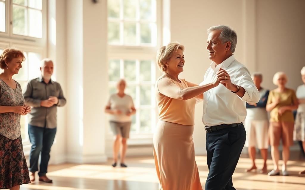 Two veteran dance instructors, a man and a woman, demonstrating elegant ballroom steps to a small group of older students in a bright, sunlit studio. The instructors are gracefully moving in sync, their faces focused and determined, their bodies poised and confident. The students, ranging in age from 60 to 80, watch intently, some mirroring the moves, others taking notes. Soft natural light filters in through large windows, casting a warm, welcoming glow over the scene. The atmosphere is one of joyful collaboration, as the instructors empower their students to overcome age-related challenges and embrace the rhythmic vitality of dance.