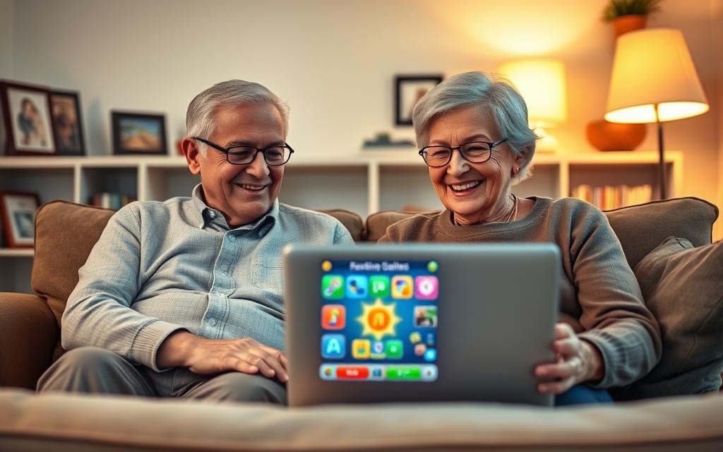 Senior couple smiling while playing safe online games together on a laptop.