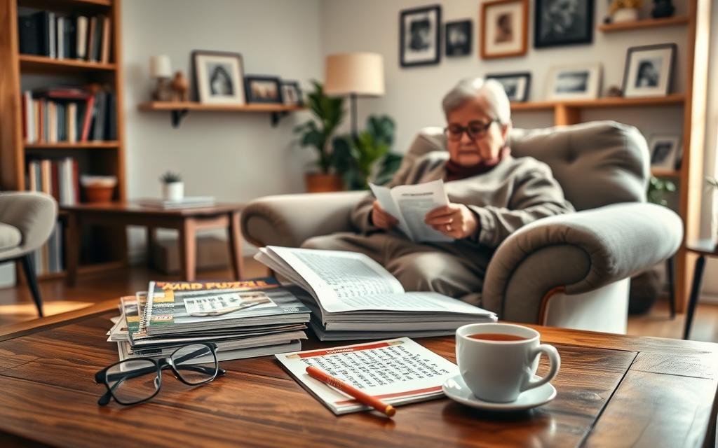 Senior solving a crossword puzzle in a bright, cozy living room.