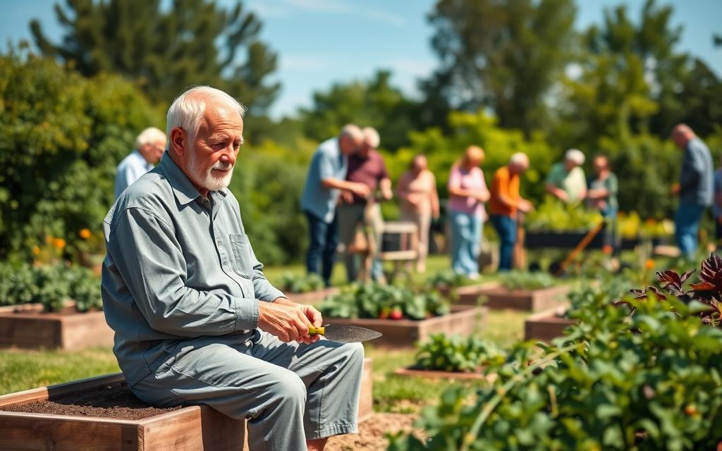 Seniors using safe gardening techniques and adaptive tools