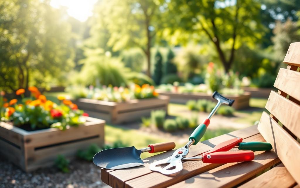Ergonomic gardening tools for seniors on a garden bench