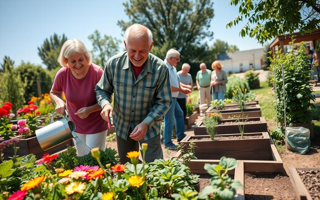 Seniors enjoying social interaction in a community garden