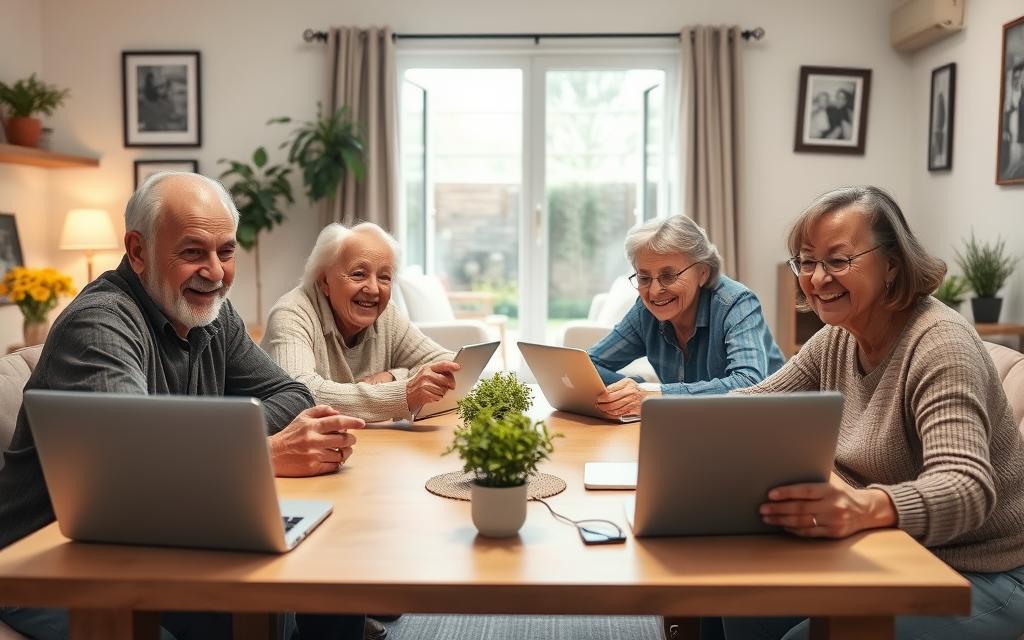Seniors gathered around laptops enjoying multiplayer games together.