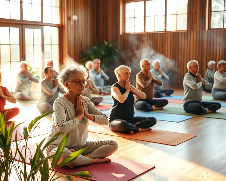 Seniors practicing hot yoga Older adults practicing gentle hot yoga poses in a warm studio