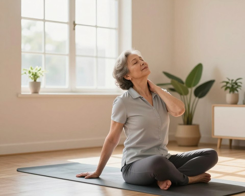 Senior practicing neck stretches Elderly woman doing gentle neck stretches in a sunlit room
