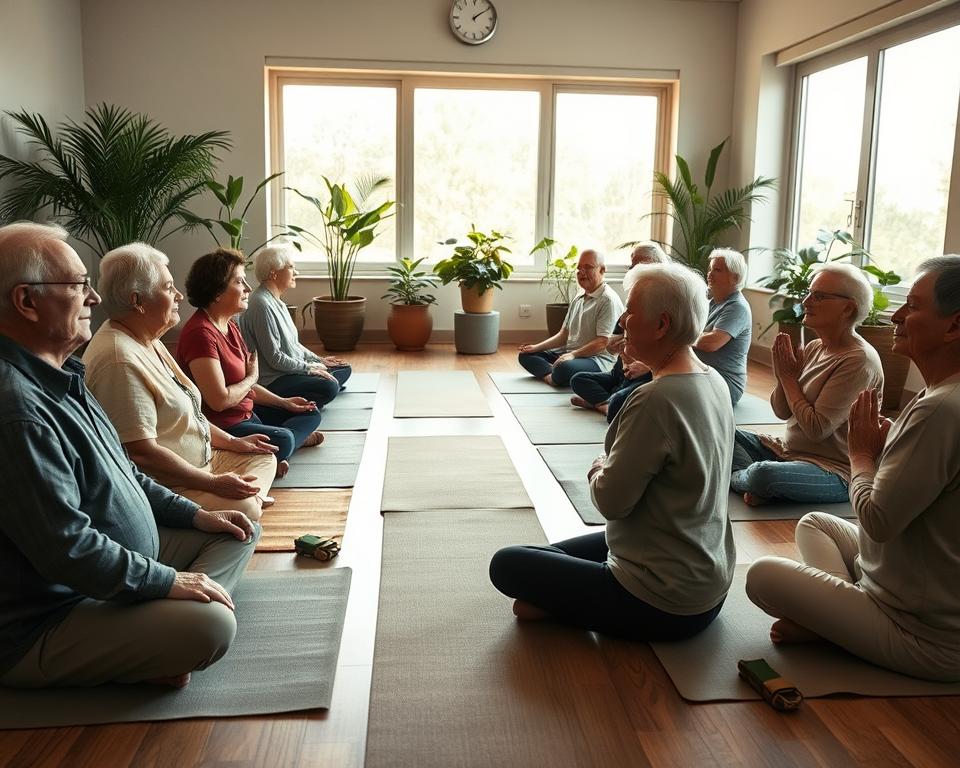 Mindful breathing Group of seniors practicing mindful breathing