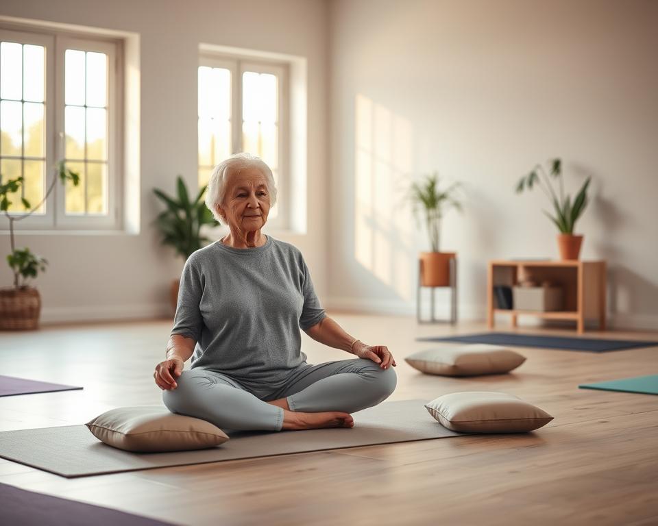 Serene yoga space Elderly woman practicing serene yoga
