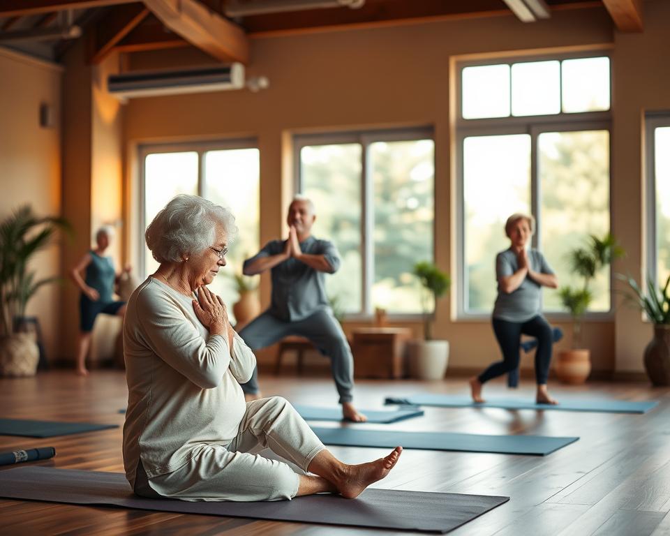 Seniors practicing gentle yoga poses Four seniors performing gentle modified yoga poses inside a peaceful studio